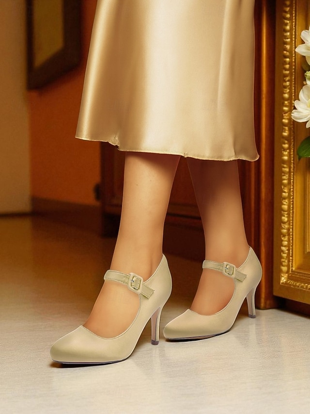 Champagnekleurige satijnen Mary Jane-hakken voor dames met kristallen gesp, elegante pumps met puntige neus voor cocktailparty's
