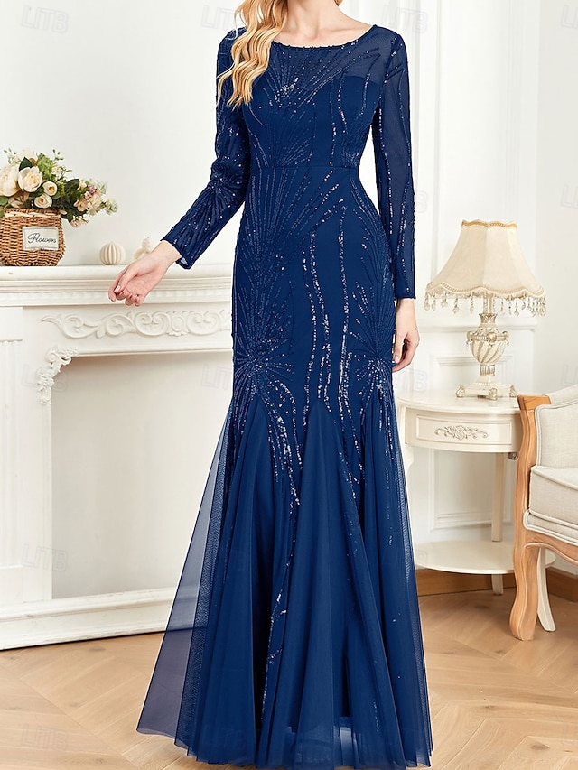  Abito per la Madre della Sposa Elegante Party Collo a Chino Lunghezza Terra Misto Cotone Manica Lunga con Paillettes