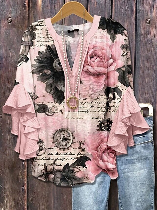 Women's T Shirt Floral Fashion Modern 3/4 Length Sleeve V Neck Regular Tops Daily Ruffle Print Pink Summer4