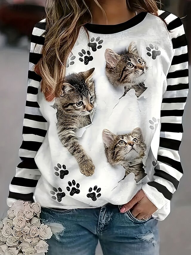 Women's T shirt Long Sleeve Graphic Geometric Cat Vintage Stylish Classic Long Sleeve Crew Neck Round Neck Regular Tops Daily Print Black  Spring Fall Prefall4