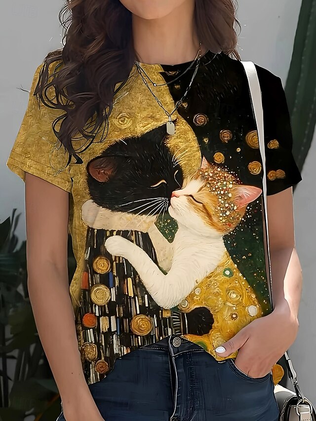  Femmes T-shirt Graphique Animal Chat ancien Élégant Classique Manche Courte Col ras du cou Col rond Hauts Réguliers Quotidien Week-end Imprimé Dorée Été Printemps Automne