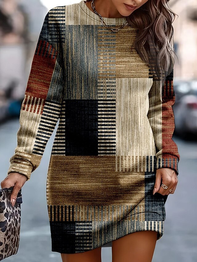 Women's Sweatshirt Dress Mini Dress Shift Dress Vacation Casual School Outdoor Vacation Regular Fit Geometric Plaid Color Block Long Sleeve Crew Neck Red Blue khaki Fall Winter4