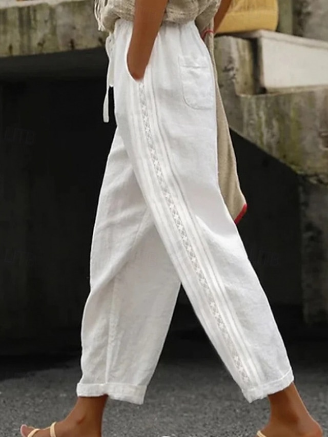  Per donna Pantaloni in cotone e lino Pantaloni Eleganti Streetwear Casual Lunghezza intera Naturale Semplice Tasca Design con Coulisse Elastica Confortevole Streetwear Ferie Abbigliamento quotidiano