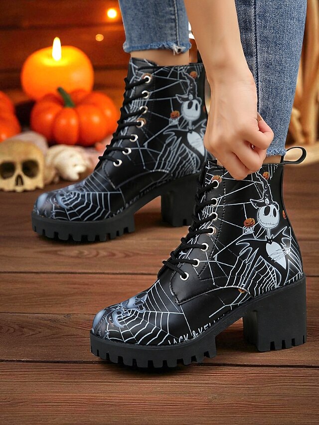  Bottines de combat à talons épais pour femmes, motif tête de mort d'Halloween et toile d'araignée – bottines gothiques à lacets pour cosplay, porte-bonheur et mode automnale effrayante