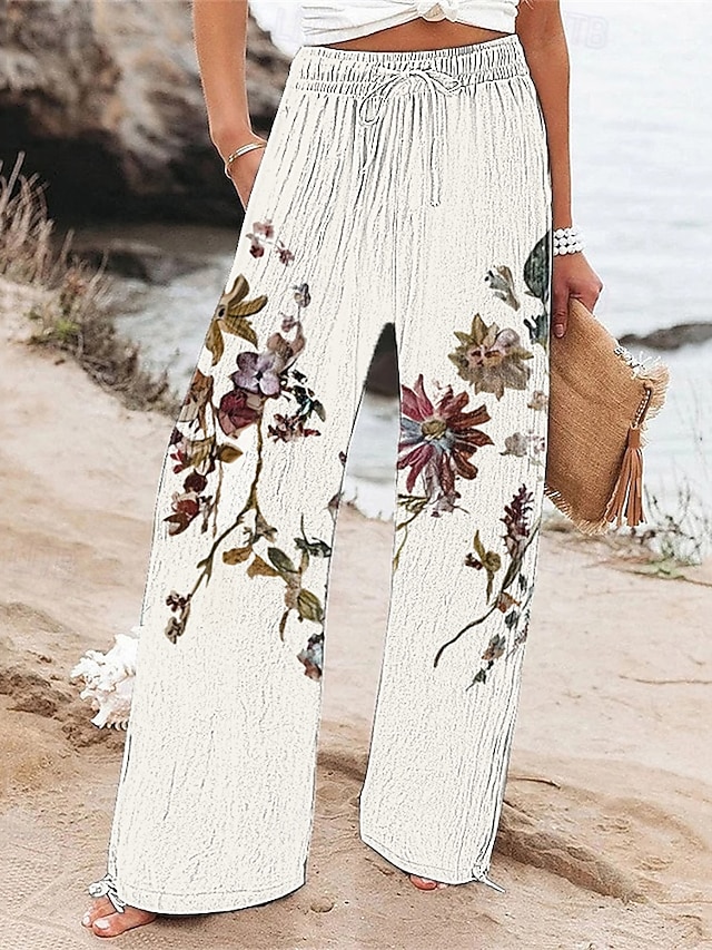  Dam Brett skaft Byxor Palazzo byxor Mode Boho Fullängd Hög midja Blomma Snörning Elastisk midja Mönster Mateial som andas Bekväm Gata Dagliga kläder Utekväll Vit Vår Höst Normal