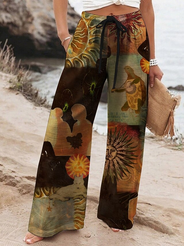 Women's Wide Leg Pants Trousers Ethnic Style Retro Vintage Long High Waist Graphic Color Block Elastic Waist Printing High Cut Breathability Soft Micro-elastic Casual Daily Wear Yellow Spring Fall4