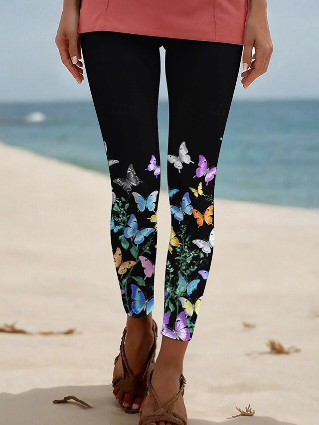 Women's Pants Trousers Leggings Streetwear Casual Full Length High Waist Butterfly Elastic Waist Print Breathability Comfortable Stretchy Vacation Street Daily Wear Black Summer Spring Fall Regular4