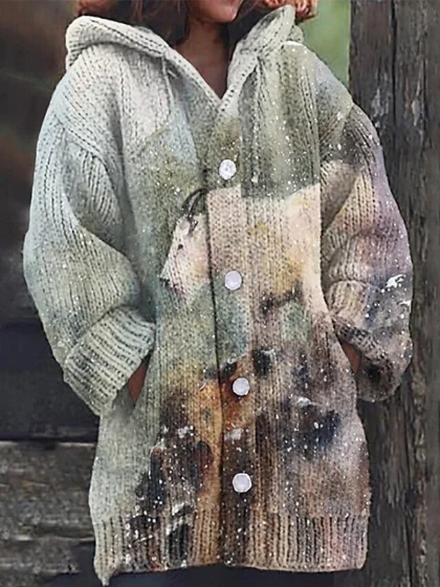 Women's Cardigan Vacation Daily Floral Ribbed Hooded Knitted Print Front Pocket Long Sleeve Regular Tops Knit Outdoor Daily Holiday Blue Green Fall Winter4