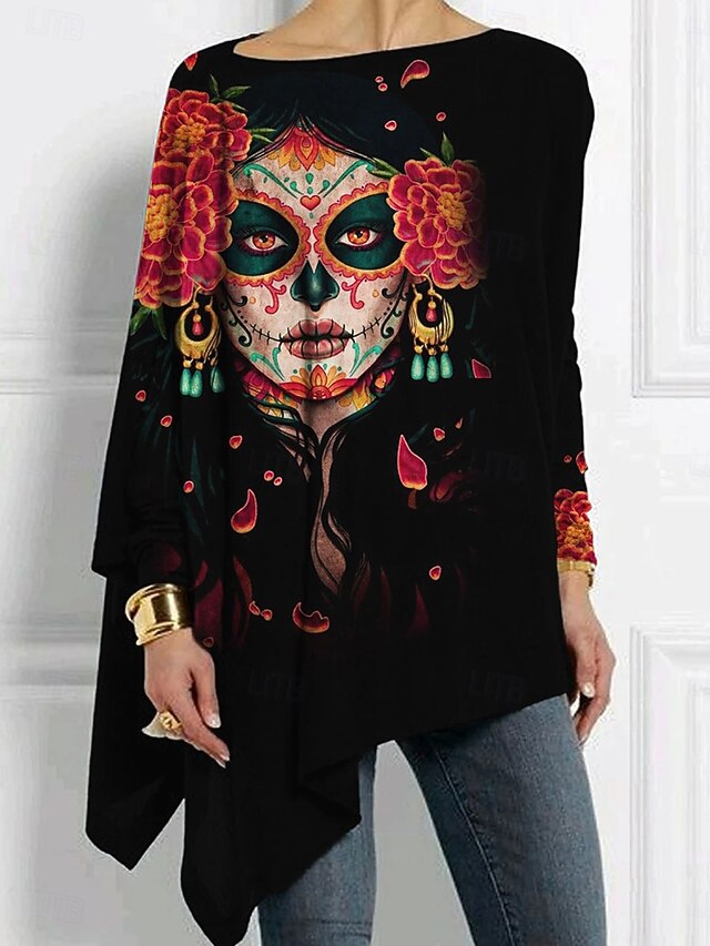 Halloween Women's T Shirt Skulls Long Sleeve Graphic Vintage Stylish Classic Long Sleeve Crew Neck Regular Tops Daily Weekend Print Asymmetrical Red Orange Spring Fall Prefall3