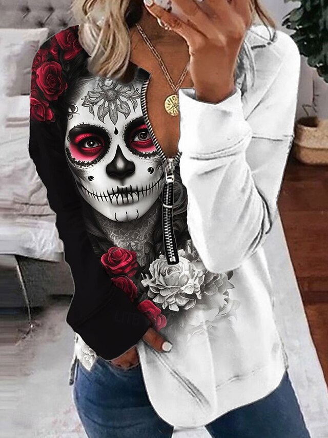 Halloween Women's Pullover Sweatshirt Zip Up Sweatshirts Skulls Graphic Fashion Casual Long Sleeve Crew Neck Regular Tops Street Dailywear Zipper Print Red Orange Green Spring Fall Winter4