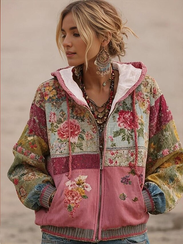 Women's 3D Print Vintage Boho Hoodie Patchwork Hoodie Sweatshirt Floral Zip Up s Floral Graphic Fashion Casual Long Sleeve Hooded  Street Dailywear Casual Patchwork Zipper Pocket Red Spring Fall3