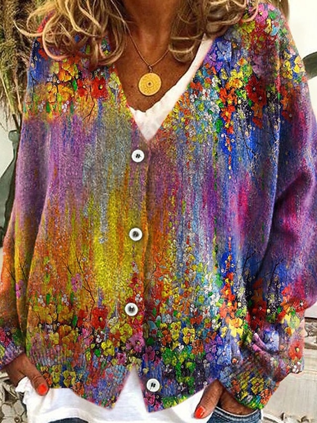  Damen Mantel Freizeitjacke Warm Bequem Druck Mode Modern Lässig Blumen Ausgehen Wochenende Einreihig Regulär V Ausschnitt Normale Passform Langarm Oberbekleidung Weiß Blau Purpur Herbst Winter