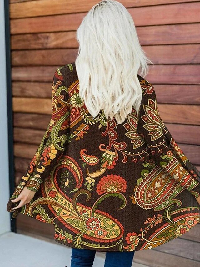 Women's Casual Jacket Warm Comfortable Irregular Hem Open Front Elegant Vintage Fashion Modern Floral Street Casual Athleisure Daily Long Collarless Regular Fit Long Sleeve Outerwear Black Brown4