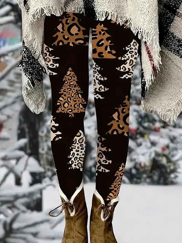  Dam Byxor Damasker Mysiga leggings Streetwear Ledigt Fullängd Hög midjaPantsJul Leopard Träd Elastisk midja Mönster Mateial som andas Bekväm Elastisk Semester Gata Dagliga kläder Svart Sommar Vår Höst