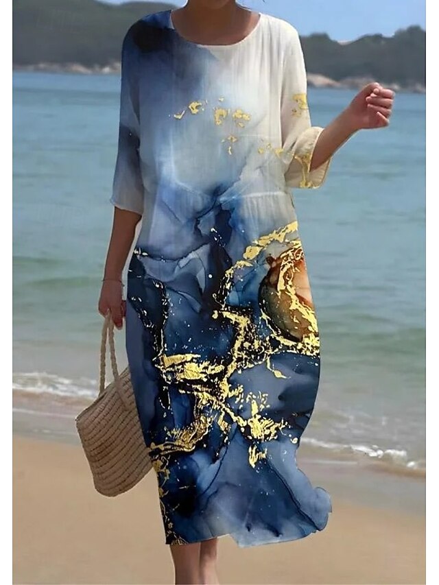 Women's Midi Dress Boho Neck Crew 3/4 Length SleeveBlue Shift Dress A Line Dress Casual Daily Date Loose Fit Floral Graphic4