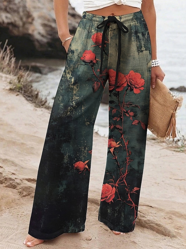  Damen Weites Bein Hosen Hose Urlaub Lässig Lang Hohe Taille Blumen Elastischer Bund Drucken Hoher Schnitt Atmungsaktivität Weich Mikroelastisch Urlaub Straße Alltagskleidung Gelb Blau Dunkelgrün Grün