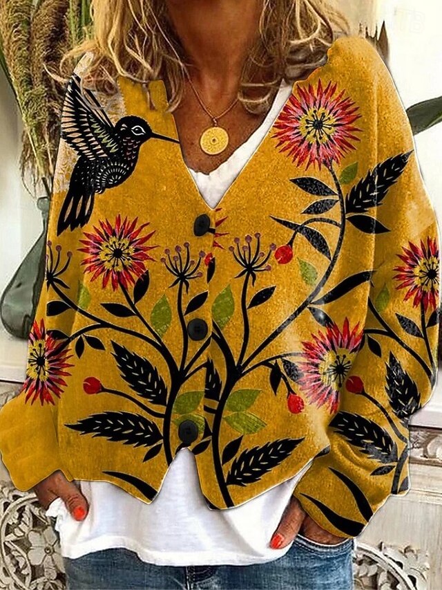 Women's Cardigan Sweater Knitted Ribbed Button Front V NeckLong Sleeve Lightweight Elegant Vacation Vintage Floral Print Regular Tops Knit Home Daily Holiday Blue Orange Fall4