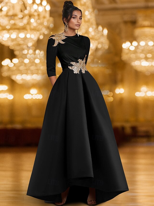 Black Tie A-Line Evening Gown Elegant Dress Formal Wedding Floor Length Long Sleeve Crew Neck Mother Of the Bride Dress Satin with Glitter Pleats 20254