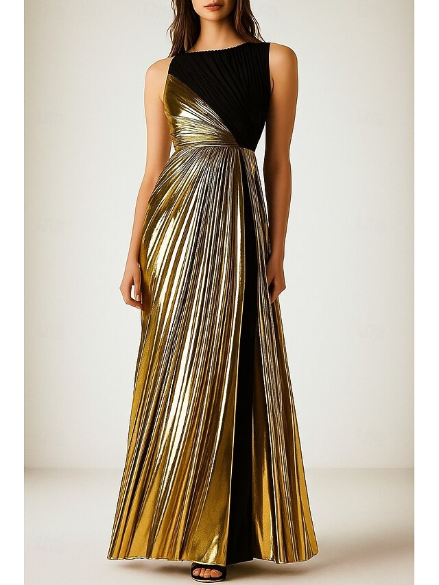 Black Gold A-Line Evening Gown Elegant Dress Formal Wedding Floor Length Sleeveless Crew Neck Satin with Rhinestone Pleats 20254