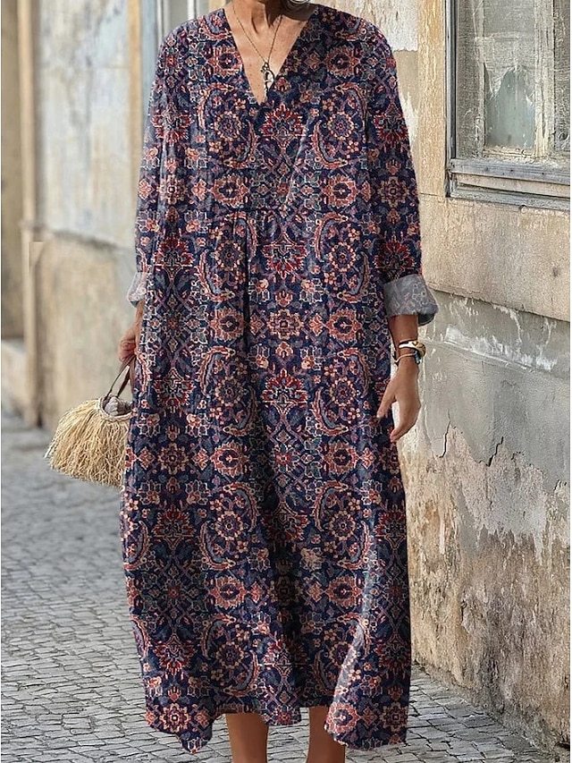  Per donna Abito Midi Vestito Estivo Abito a trapezio Vacanza Casual Boho Feste Ferie Spiaggia Vestibilità comoda Floreale Grafico Geometrico Manica Lunga Scollo a V Rosso scuro Rosa Blu Viola Estate