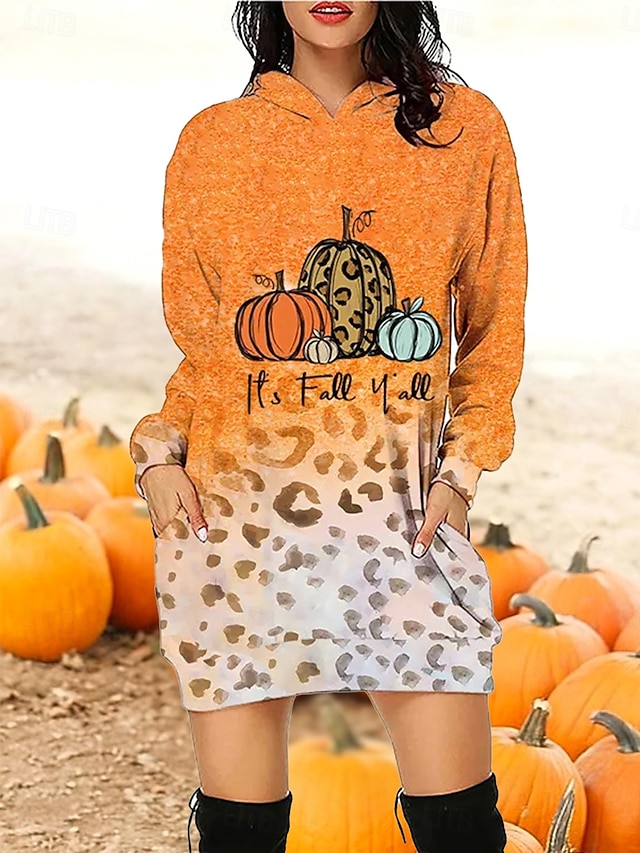  Robe Sweat à Capuche Femme Halloween Imprimé Citrouille Mini Robe Robe Tunique Décontractée Vacances Week-end Coupe Lâche Graphique Citrouille Manches Longues Capuche Noir Violet Orange Gris Automne