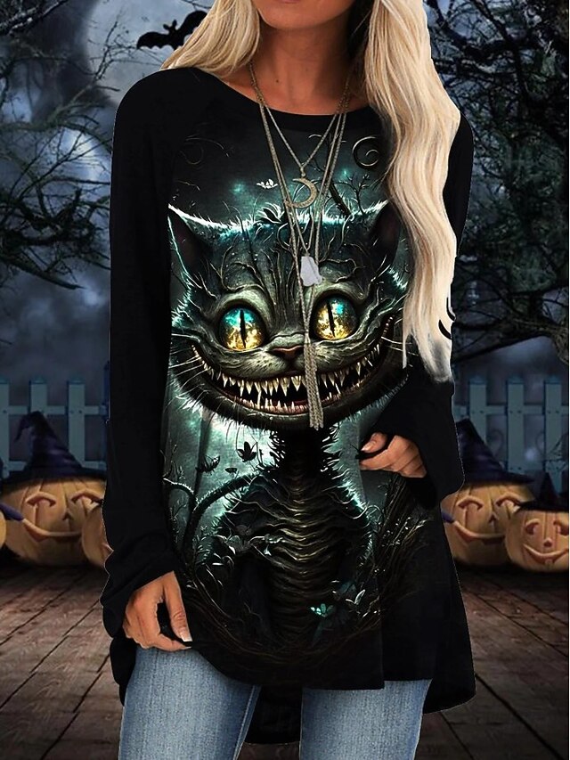 Halloween Women's T shirt Monster Graphic Cat Vintage Stylish Classic Long Sleeve Crew Neck Round Neck Long Tops Daily Print Black Light Grey Dark Gray Spring Fall4