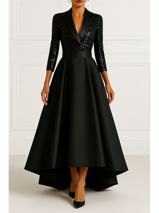  Blazer noir extensible à paillettes, robe de soirée trapèze, robe élégante de mariage formelle, longueur au sol, manches 3/4, revers en satin avec plis pailletés, 2025
