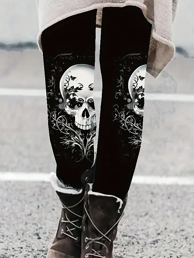 Women's Leggings Vacation Vintage Fashion Full Length High WaistPantsHalloween Graphic Skull Printing Thermal Warm Soft Breathable Stretchy Formal Outdoor Vacation Black White Spring Fall Slim Fit4