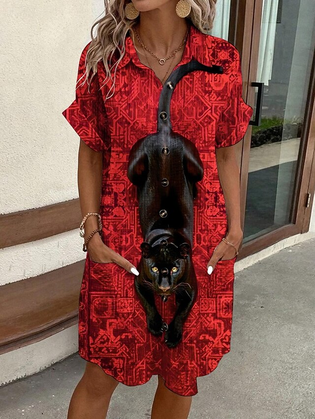Women's Mini Dress Shirt Dress Casual Dress Print Dress Fashion Modern Daily Beach Weekend Regular Fit Cat Short Sleeve Shirt Collar Red Summer Spring Fall Autumn4