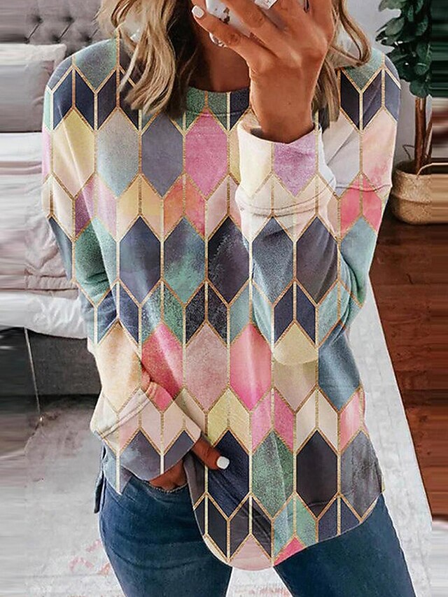 Women's Sweatshirts Graphic Geometric Vintage Casual Long Sleeve Crew Neck Regular Tops Home Dailywear Casual Print Pink Red Gray Summer Spring Fall4