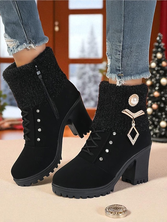  Botas femininas de cano curto em malha preta com cadarço e strass e salto grosso - botas elegantes de inverno com salto para roupas de Natal e moda para o frio
