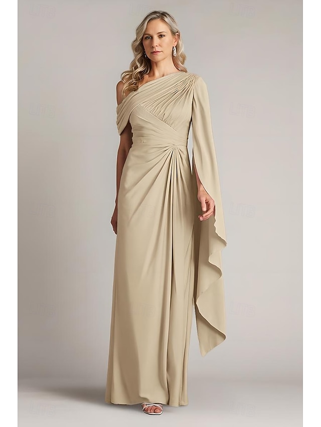  Vestido de noite elegante com bainha/coluna, sobreposição de capa, comprimento até o chão, sem mangas, um ombro só, cetim com pregas e babados, 2025