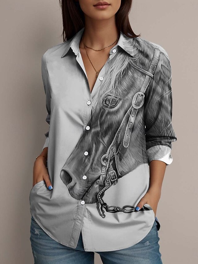 Dakota Daetwiler by Women's Shirt Blouse Graphic Animal Vintage Tropical Stylish Long Sleeve Shirt Collar Regular Tops Work Daily Holiday Buttons Print Light Grey Spring Fall4