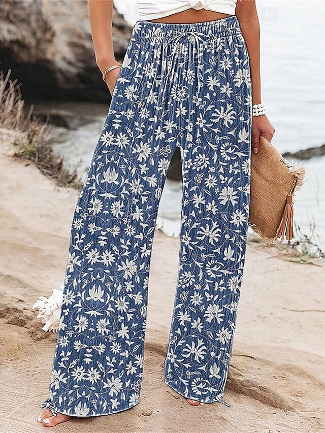Women's Wide Leg Pants Trousers Palazzo Pants Fashion Boho Full Length High Waist Flower Drawstring Elastic Waist Print Breathability Comfortable Street Daily Wear Going out Blue Spring Fall Regular4