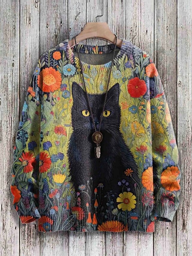 Women's Sweater Casual Soft Floral Animal Ribbed Crew Neck Knitted Print Long Sleeve Regular Tops Knit Outdoor Daily Weekend Black Army Green Fall Winter4