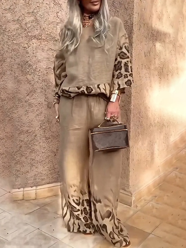  Damen Aktiv Mode Bluse Hosen-Sets Langarm Rundhalsausschnitt Leopard Patchwork Ausgehen Wochenende Schwarz Weiß Rote Herbst Normale Passform