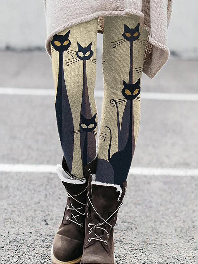 Women's Normal Tights Pants Trousers Leggings Fashion Casual Lounge Ankle-Length High Waist Cat Print Butt Lift Comfort Tummy Control High Elasticity Yoga Halloween Weekend Black White Orange Light 10