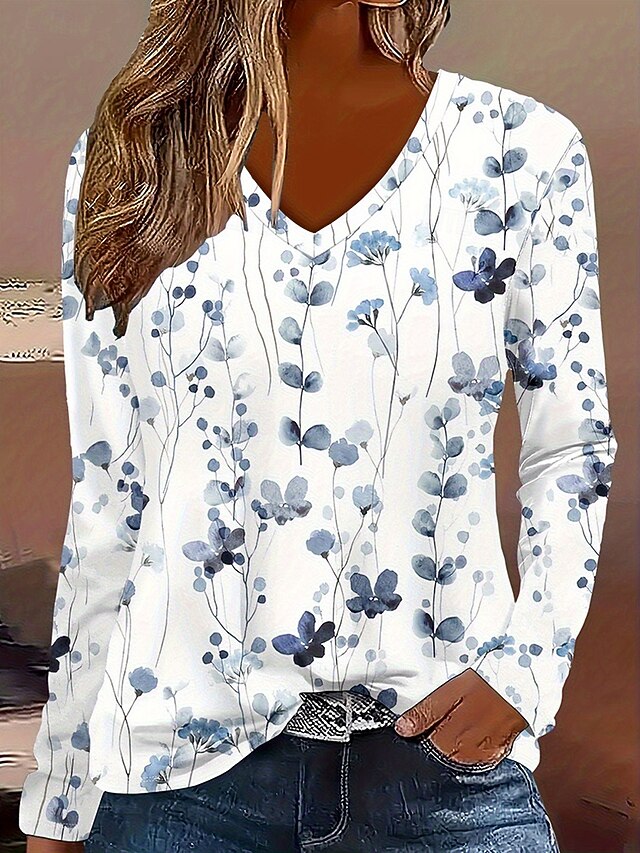 Women's T Shirt Floral Graphic Plants Vintage Stylish Classic Long Sleeve Crew Neck V Neck Round Neck Regular Tops Daily Print Blue Spring Fall Winter4