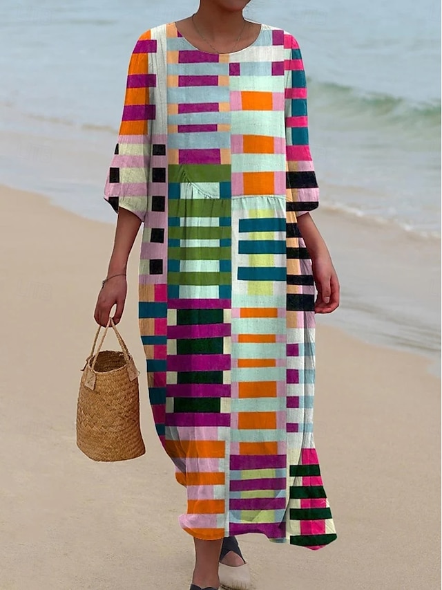  Dámské maxi šaty kaftan s 3/4 rukávy kulatým výstřihem volnočasové šaty A-linie boho denní sváteční rande grafické geometrické žluté modré duhové jaro podzim