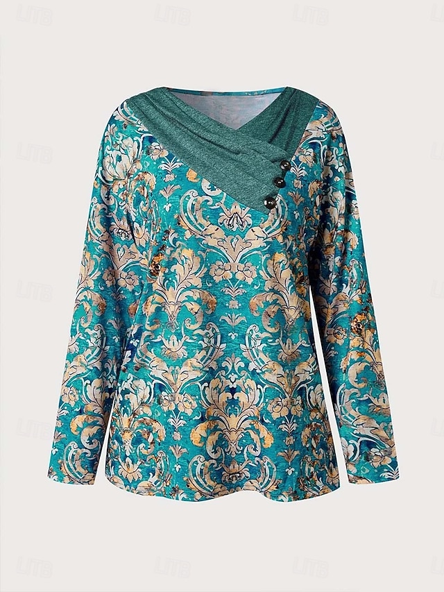  Camiseta de mujer de manga larga gráfica geométrica plantas básica de manga larga cuello alto cuello en V tops regulares diarios deportes fines de semana botones impresión verde gris primavera otoño