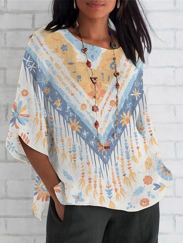 Women's Shirt Floral Daily Casual 3/4 Length Sleeve Crew Neck Regular Tops Daily Holiday Print Blue Summer Spring Fall4