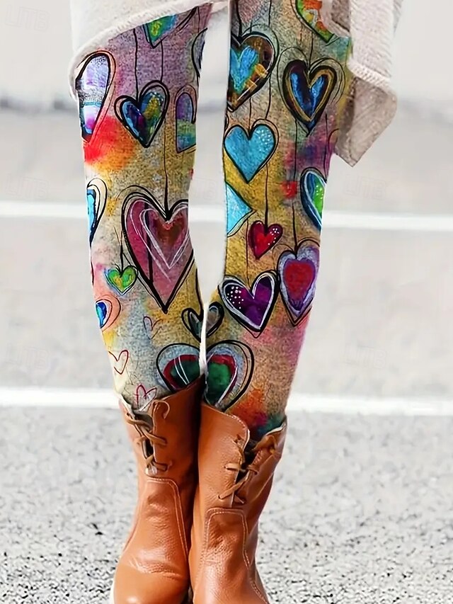 Women's Pants Trousers Leggings Cozy Leggings Streetwear Casual Full Length High Waist Heart Elastic Waist Print Breathability Comfortable Stretchy Vacation Street Daily Wear Rainbow Summer Spring4