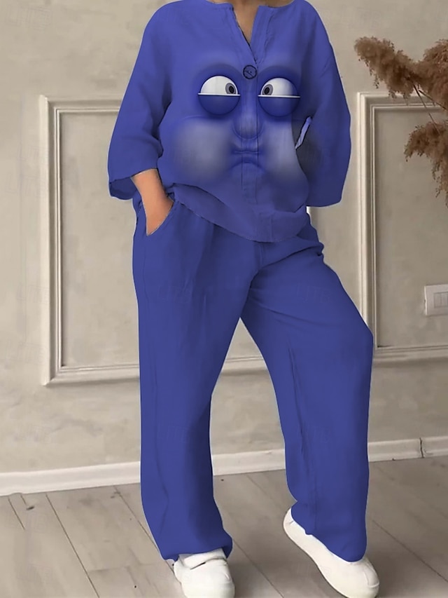 Жен. Активный Мода Комплекты брюк Длинный рукав V-образный вырез Графика С принтом Отпуск Повседневные Праздники Черный Желтый Розовый Лето Стандартный