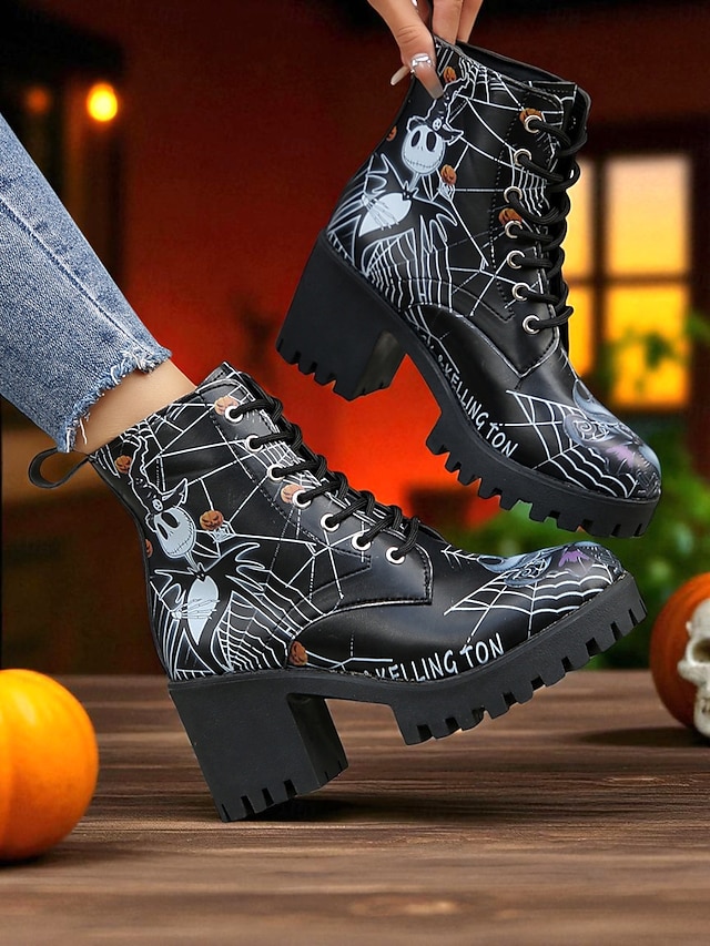  stivali da combattimento con tacco spesso e stampa a teschio di Halloween da donna con motivo a ragnatela: stivaletti alla caviglia con lacci gotici per cosplay, dolcetto o scherzetto e moda autunnale spettrale