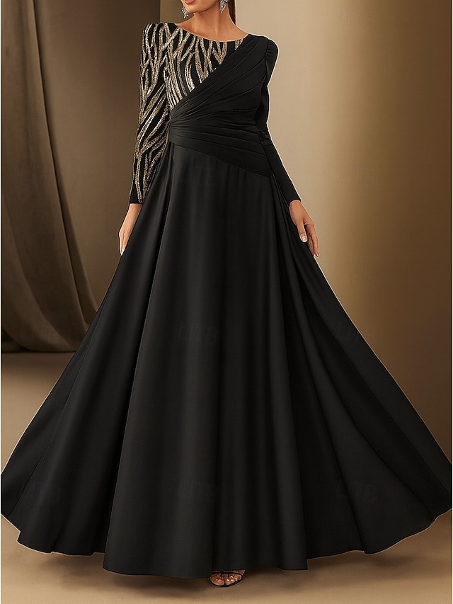  Vestido de noite elegante com apliques de renda e lantejoulas, corte A, comprimento até o chão, manga comprida, decote canoa, cetim com pregas 2025
