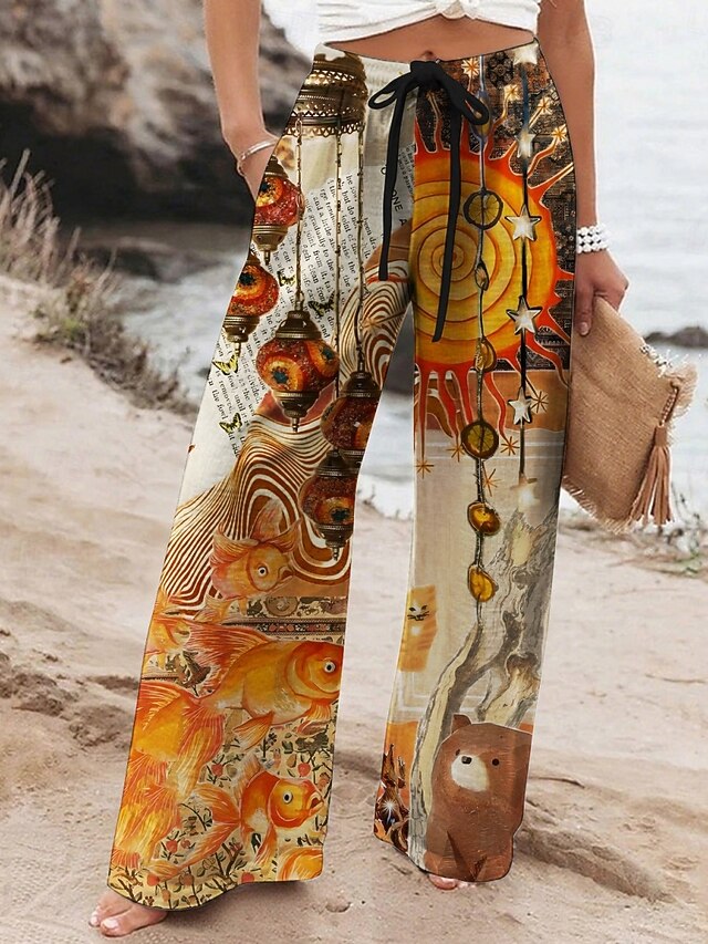 Women's Wide Leg Pants Trousers Retro Vintage Ethnic Long High Waist Sun Graphic Prints Elastic Waist Printing High Cut Breathability Soft Micro-elastic Vacation Street Daily Wear Khaki Spring Fall4