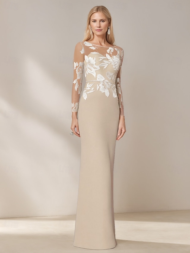  Meerjungfrau  Trompete Mutter der Braut Kleid Elegantes Einfach Bootsauschnitt Floral Bestickte Spitze Bodenlänge Chiffon Lange Ärmel mit Kristallgürtel