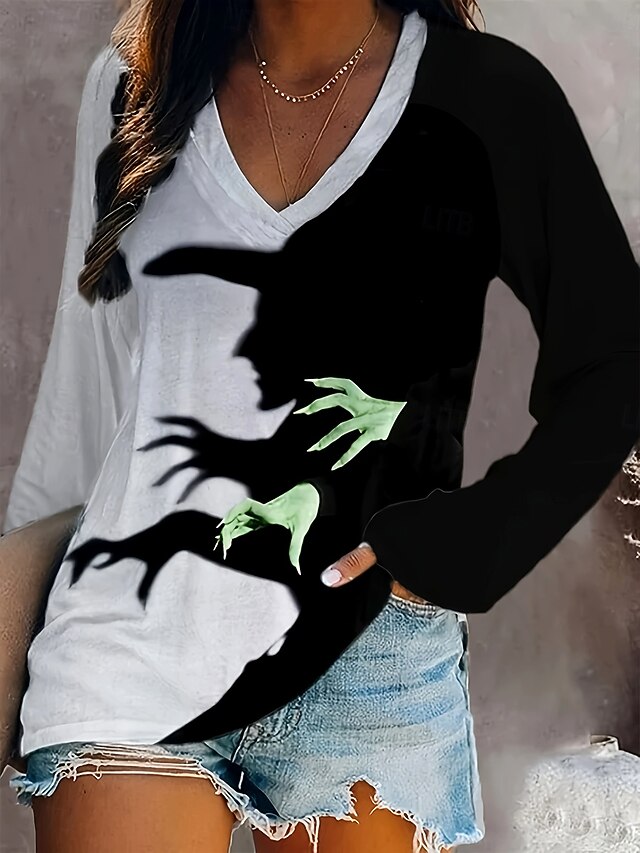 Halloween Women's T shirt Witch Graphic Vintage Stylish Classic Long Sleeve V Neck Regular Tops Daily Print Black Fall Winter4