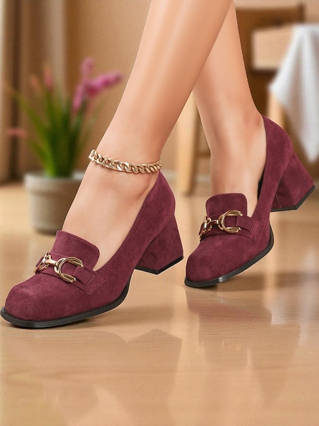  Mocassins à talon carré en daim bordeaux pour femmes - chaussures habillées à enfiler à bout carré avec détail mors doré, style rétro classique pour le bureau, les tenues d'affaires et les occasions