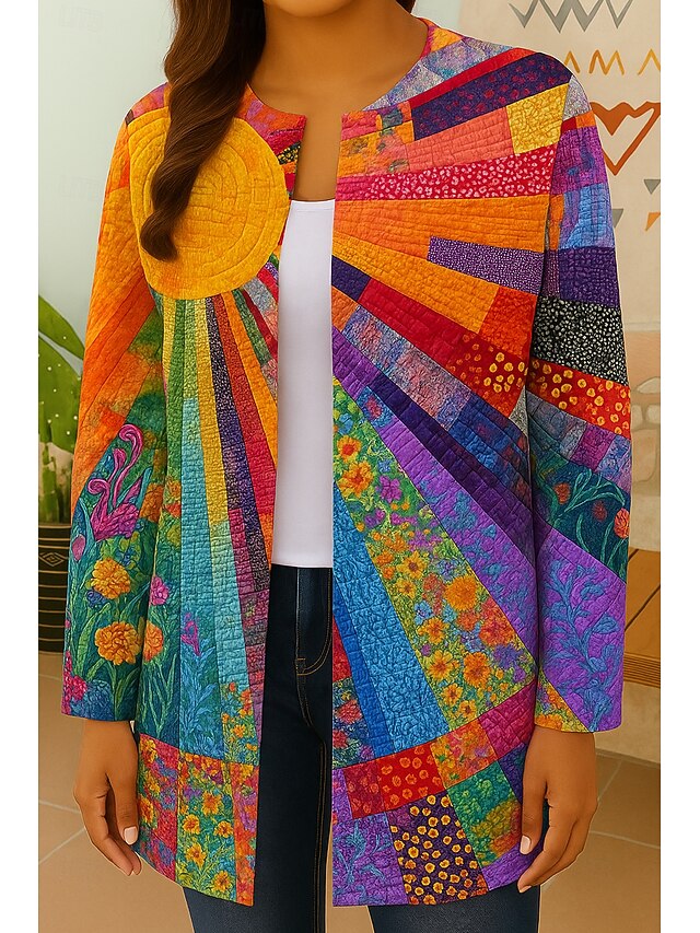 Women's Blazer Windproof Warm Patchwork Pocket Color Block Open Front Modern Boho Vintage Geometric Casual Daily Casual Daily Short Crewneck Regular Fit Long Sleeve Outerwear Yellow Red Orange Fall4